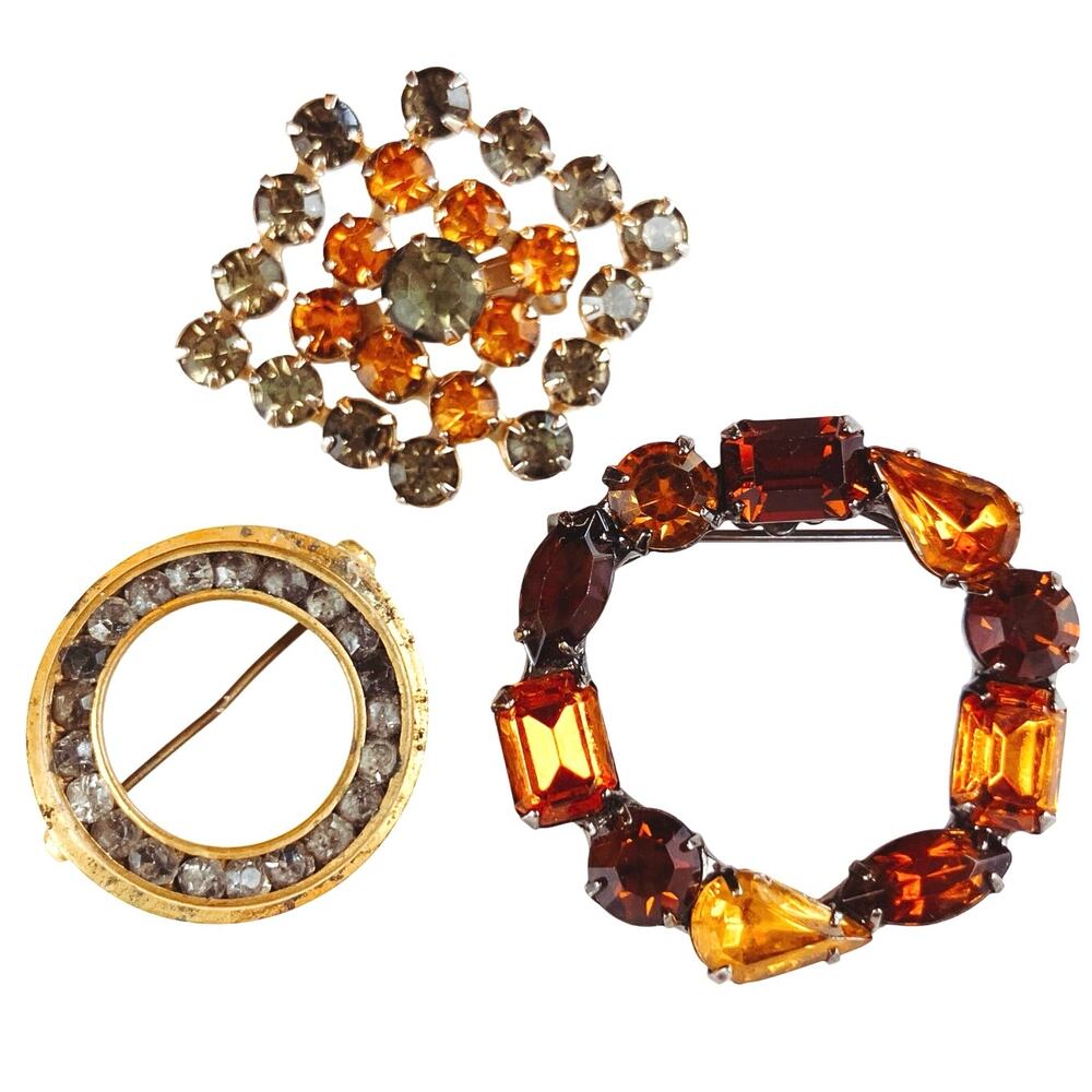 Lot of 3 VTG Brooches Mid Century to 1990s Gold Tone Rhinestone Mix READ